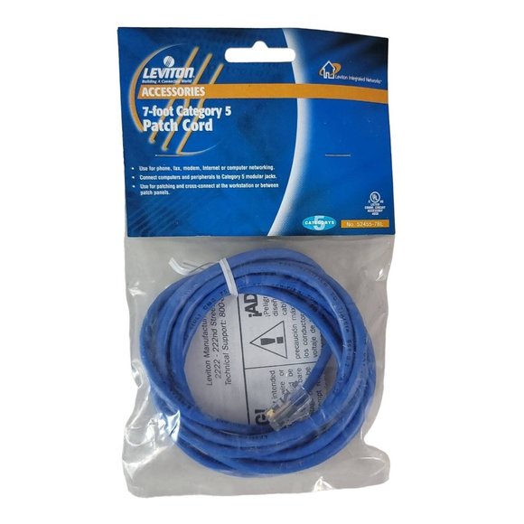 2/$15 NEW Leviton CAT 5 7-Foot Patch Cord Blue 52455-7BL Network Cable Ethernet - Picture 1 of 7